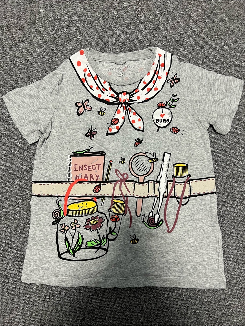 Stella McCartney Gray Kids Tee with Insect Diary & Red Accents